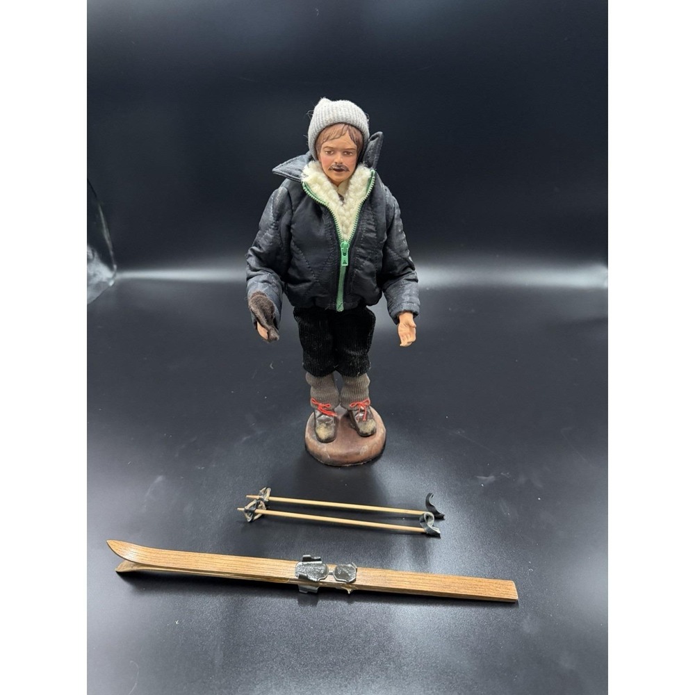 Vintage French‎ Santon de Provence Skier Figurine w Skis Poles Signed